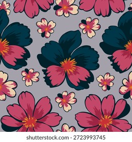 Elegante patrón floral sin fisuras con Grandes flores estilizadas en tonos verde azulado y rosa sobre un fondo gris suave, perfecto para la tela, el Fondo de pantalla y la decoración.

