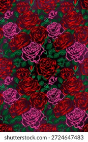 Elegantes nahtloses Blumenmuster mit roten und rosa Rosenblüten mit grünen Blättern auf dunkelviolettem Farbverlauf-Hintergrund, perfekt für romantische Textilien und Valentinstag. 