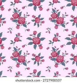 Elegant seamless floral pattern featuring clusters of vibrant pink roses and green leaves scattered across a black background with delicate white polka dots. perfect for feminine fashion, dress textiles, romantic gift wrapping