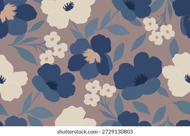 Elegant seamless floral pattern featuring navy and cream blossoms with soft blue leaves on a muted taupe background, ideal for textiles, wallpaper, and decor.
