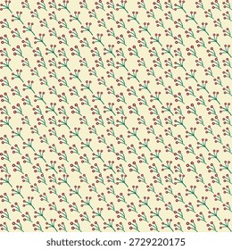 Elegante patrón floral sin fisuras con hojas botánicas mínimas y Elementos de bayas. Perfecto para textiles, impresiones de telas, Fondos de pantalla, papel de embalaje, papelería, embalaje y proyectos de diseño de patrones de superficie.