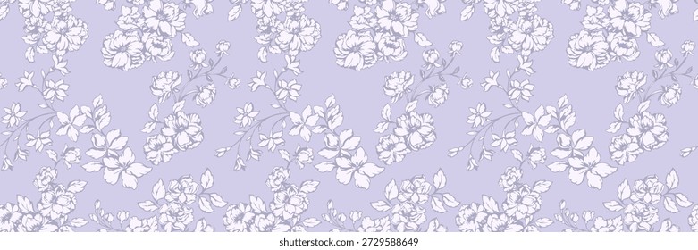 Elegant seamless floral pattern featuring delicate pastel blossoms with intricate line art on a soft violet, purple, lavender background. Classic botanical style, perfect for textiles, wallpapers