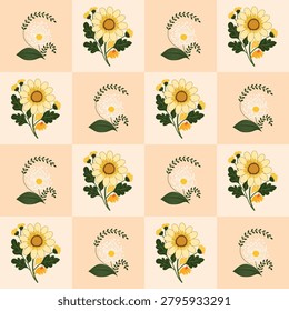 Elegant seamless floral pattern featuring sunflowers, dandelion-inspired blooms, and botanical foliage arranged on a soft checkerboard background. This vintage-inspired vector design combines warm neutral tones with delicate floral elements, making it perfect for fabric prints, wallpaper, wrapping paper, stationery, scrapbook projects, home decor, and surface pattern design. Ideal for spring, summer, cottagecore, and nature-themed collections.
