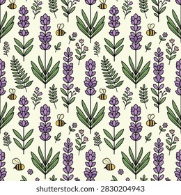 Elegant seamless floral pattern featuring lavender sprigs and honey bees.
