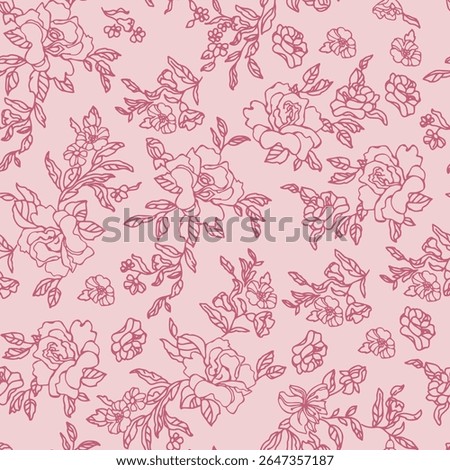 Elegant seamless floral pattern featuring hand-drawn rose outlines in deep pink on a soft pink background. Perfect for feminine apparel, loungewear, kidswear, stationery, and textile prints