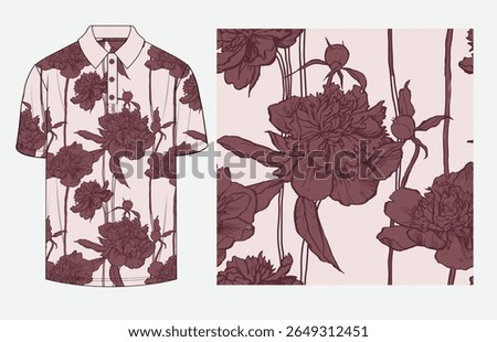 An elegant seamless floral pattern featuring detailed vintage line art peonies in burgundy on a soft pink background, ideal for men’s polo shirts, resort wear, and premium apparel collections