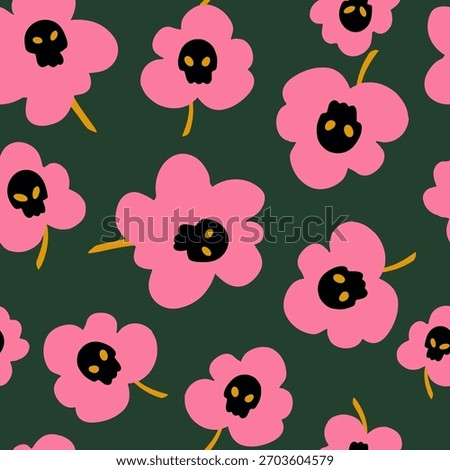 Elegant seamless floral pattern featuring delicate blossoms with a skull hidden inside the central bud. Trendy vector illustration.