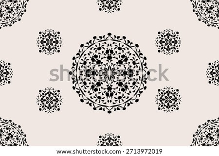 Elegant seamless floral pattern featuring a central medallion motif with intricate symmetrical botanical details. Black ornamental floral design on a soft beige background, inspired by mandala and tra