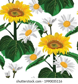 Elegant seamless floral pattern with flowers. Endless design with  sunflowers and daisy for printing. Repeatable botanical background. 