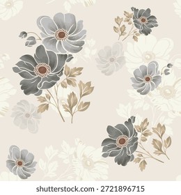 Elegantes, nahtloses Blumenmuster mit grauen und beigen Blumen auf weichem, neutralem Hintergrund. Ideal für Tapeten, Textilien, Verpackungspapier, Schreibwaren und Dekorationsdesigns.