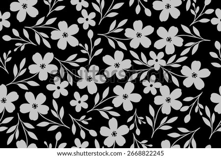Elegant seamless floral pattern with gray flowers and leaves on a black background, perfect for fabric, wallpaper, and stylish digital designs.
