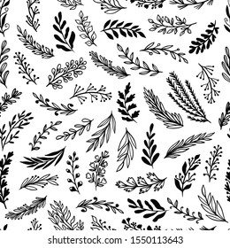 Elegante patrón floral sin fisuras de plantas dibujadas a mano. Diseño monocromo natural para fabricación, tarjetas de felicitación, tela, etc. Ilustración vectorial.