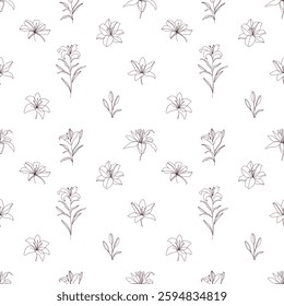 Elegant seamless floral pattern with hand drawn lilies in fine line art style. Minimalist botanical design for fabric, wallpaper, and wrapping paper.