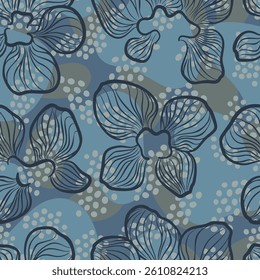 Elegant seamless floral pattern with hand drawn dark blue flowers and soft speckled background
