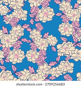 Elegante patrón floral sin fisuras con flores dibujadas a mano en suaves tonos crema y rosa sobre un fondo azul vivo. Delicado diseño botánico para textiles, embalaje y decoración de primavera