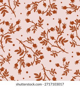 Elegante patrón floral sin fisuras con ramas botánicas dibujadas a mano, hojas y bayas en tonos marrones cálidos sobre un fondo beige suave. Ilustración vectorial.