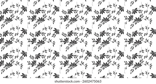 Elegant seamless floral pattern with hand-drawn leaves and flowers in black and white. Perfect for textiles, wallpapers, packaging, and backgrounds.