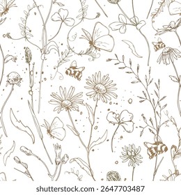 Elegant seamless floral pattern with hand-drawn wildflowers, butterflies, and herbs in fine line art on white. Airy minimalist design for textile, branding, packaging, and eco-themed products.