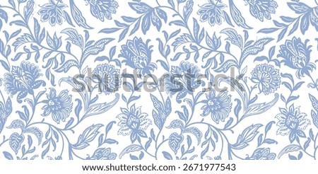 Elegant seamless floral pattern with hand-drawn botanical flowers and leaves in soft blue monochrome. Classic heritage-inspired design ideal for textiles, wallpapers, packaging, home décor, stationery