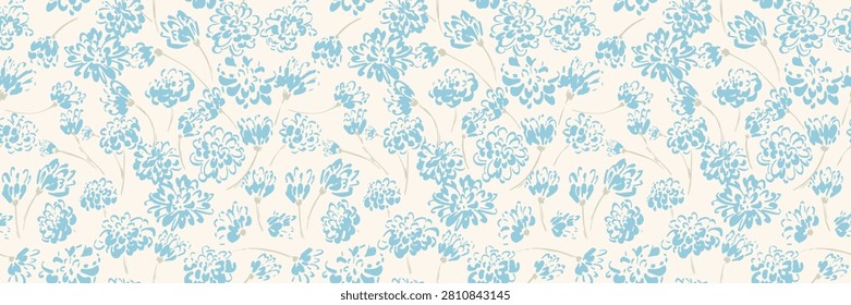 Elegant seamless floral pattern with light blue blooming flowers and beige stems on a warm cream background. Delicate botanical repeat ideal for fabric, wallpaper, packaging and stationery