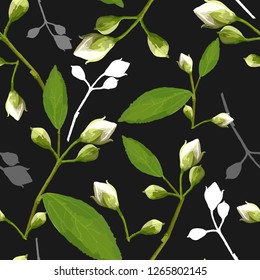 Elegant seamless floral pattern on a dark background. Botanical motifs scattered randomly. Branches, leaves and buds of white flowers. For fabrics, wrapping paper, wallpaper, tiles, trendy prints