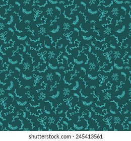 Elegant seamless floral pattern on a dark green background. Doodle style. Vector.