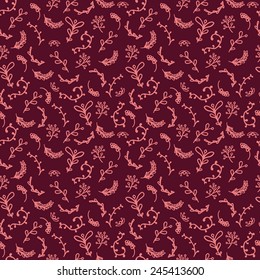Elegant seamless floral pattern on a burgundy background. Vintage motives. Doodle style. Vector.