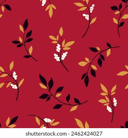 Elegant seamless floral pattern on a red background: for wallpapers, fabric designs, decorative prints. Autumn motif abstract ornament: hand drawn thin twig, little flowers tassel, tiny falling leaves