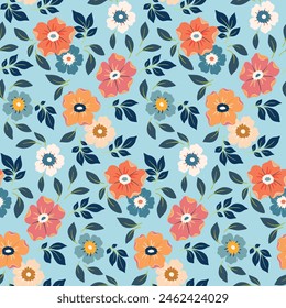 Elegant seamless floral pattern on a blue background, featuring beautifully arranged flowers, leaves, perfect for wallpapers, textiles, any decor. Abstract ditsy print, ornament. Vector illustration.