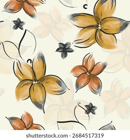 Elegant seamless floral pattern with orange and yellow blossoms in hand-drawn style. Great for fabric prints, wallpaper, and decorative backgrounds