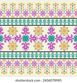 Elegant seamless floral pattern with ornate purple, orange designs and green elements. Ideal for fabric, wallpaper, packaging, and vibrant decor with a folk-inspired style.