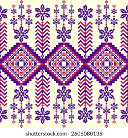 Elegant seamless floral pattern with ornate geometric designs in red and purple on a cream background. Ideal for fabric, wallpaper, packaging, and traditional decor with a folk style.