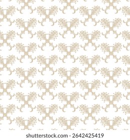 Elegant seamless floral pattern with an ornate design in neutral beige hues on a crisp white background. Perfect for fabric, wallpaper, or textile applications, offering a classic, vintage aesthetic.