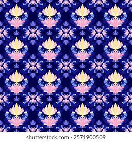 Elegant Seamless Floral Pattern with Pink and Blue Pastel Flowers on a Dark Background, Perfect for Vintage Wallpaper, Textile Design, and Botanical Decorative Art