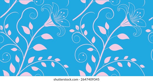 Elegant seamless floral pattern with pink abstract flowers and leaves on a blue background. Perfect for wallpaper, fabric, or digital prints. Decorative botanical vector design.
