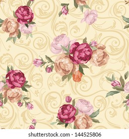 Elegant Seamless floral pattern with rose flowers. Color peony pattern on abstract background, vector illustration