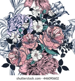 Elegant seamless floral pattern with roses and peony flowers in vintage style