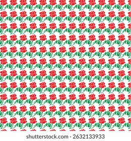 Elegant seamless floral pattern showcasing vibrant red roses and lush green leaves set against a pristine white background. This sophisticated design offers a timeless aesthetic,