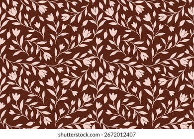 Elegante patrón floral sin fisuras con hojas y flores de color rosa suave sobre un fondo marrón rico, perfecto para la tela, el Fondo de pantalla y el diseño digital.