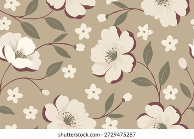 Elegante patrón floral sin fisuras con suaves flores crema, hojas verdes apagadas y cálido fondo beige, perfecto para el Fondo de pantalla, la tela y el diseño interior.