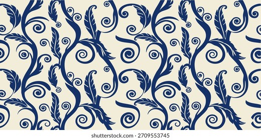 Elegante padrão floral sem emenda com espirais e folhas em azul escuro