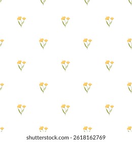 An elegant seamless floral pattern with stylized yellow flowers and green leaves arranged on a white background, perfect for use in textile designs, wallpapers, or digital projects.
