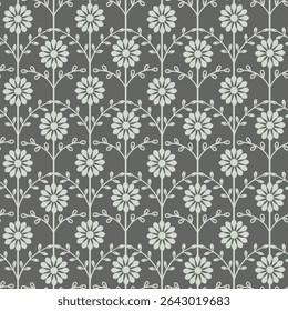 Elegant seamless floral pattern with stylized daisy flowers and decorative branches. Repeating vector design for fabric, wallpaper, wrapping paper, digital background.