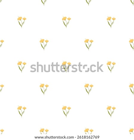 An elegant seamless floral pattern with stylized yellow flowers and green leaves arranged on a white background, perfect for use in textile designs, wallpapers, or digital projects.