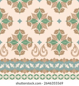 Elegant seamless floral pattern with symmetrical lotus like motifs delicate borders in earthy tones. Inspired by vintage Thai ornamentals, ideal for textiles, wallpaper, wrapping paper, silk, bohemian