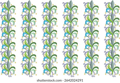 Elegant seamless floral pattern in a vertical layout with green, blue, and gold accents on a white background. Ideal for wallpaper, textile prints, fabric, and stylish decorative design projects.