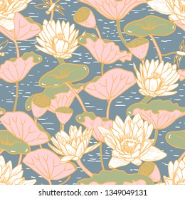 Elegant Seamless floral pattern with Water Lilies Nymphaea and Dragonflies , botanical illustration. Pond with lotus. Design for textiles, fabrics, paper, wallpaper. Vector