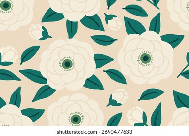 Elegant seamless floral pattern with white blossoms and dark green leaves on a beige background, perfect for fabric, wallpaper, and modern decorative design.