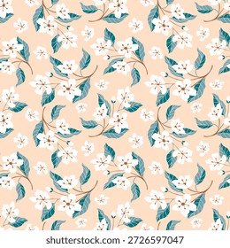 Elegante patrón floral transparente con flores blancas y hojas suaves sobre un fondo beige.