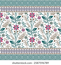 elegant seamless floral pattern with wild flowers and detailed border embroidery
